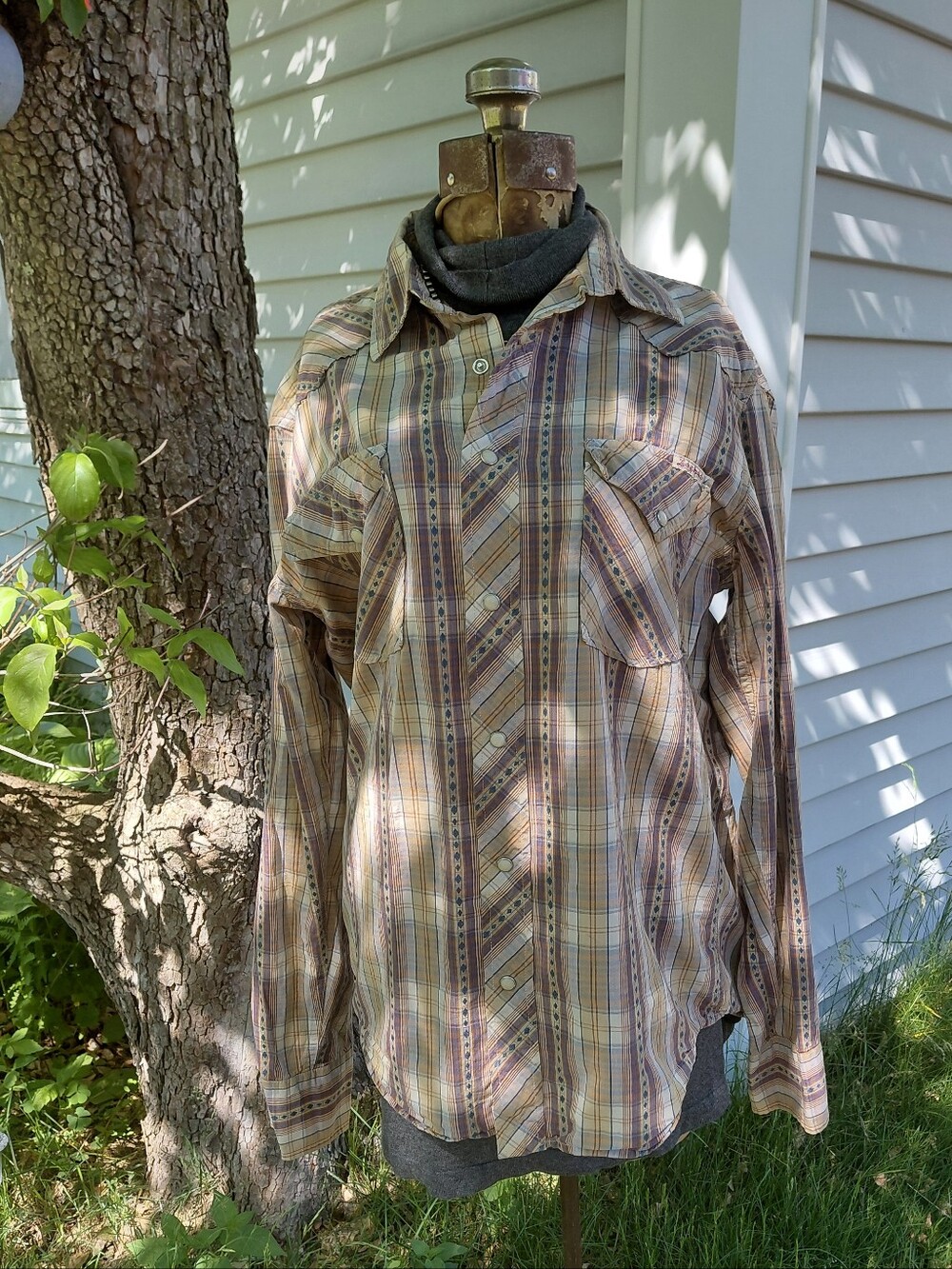 Lucky Brand western style pearl snap brown & navy blue plaid shirt Womens M - Picture 3 of 12